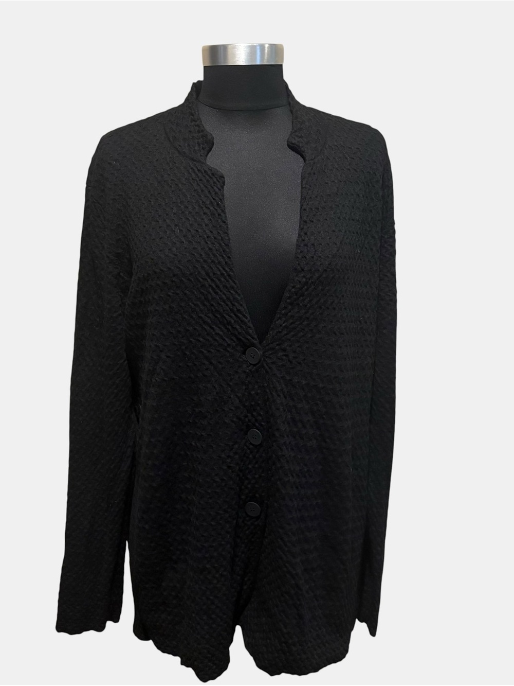 Eileen Fisher Black Textured wool viscose Button-Front Cardigan size 1X